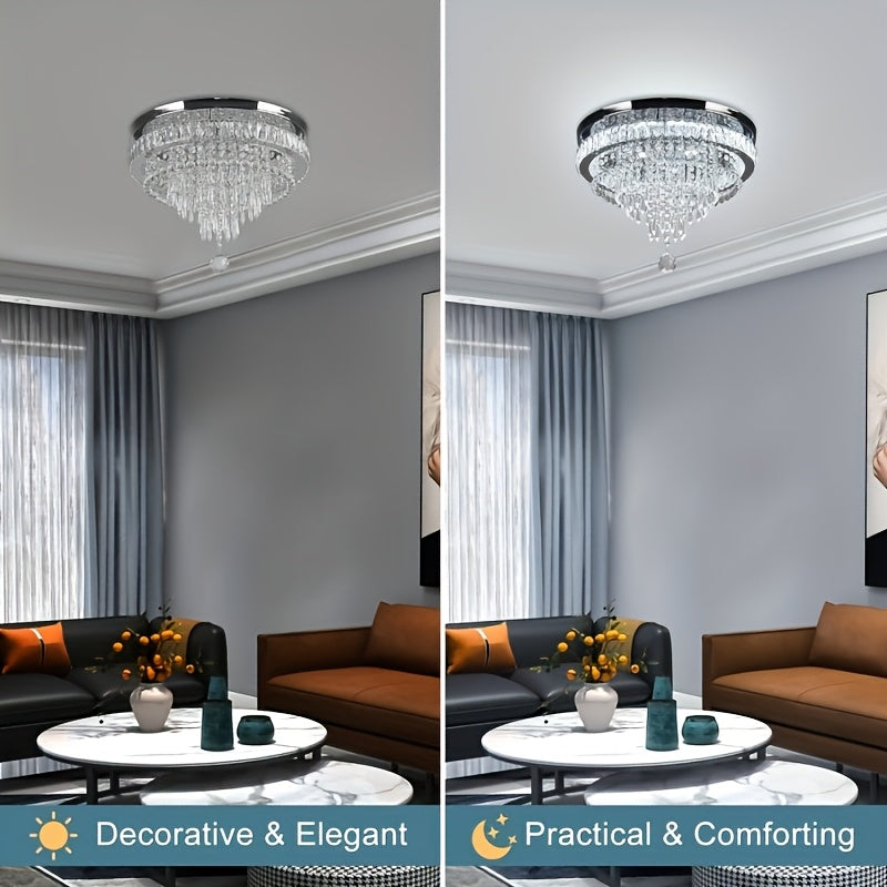 19.7-inch modern crystal chandelier, crystal ceiling light, LED remote control pendant light, suitable for bedroom, living room, dining room lighting (cool white light)
