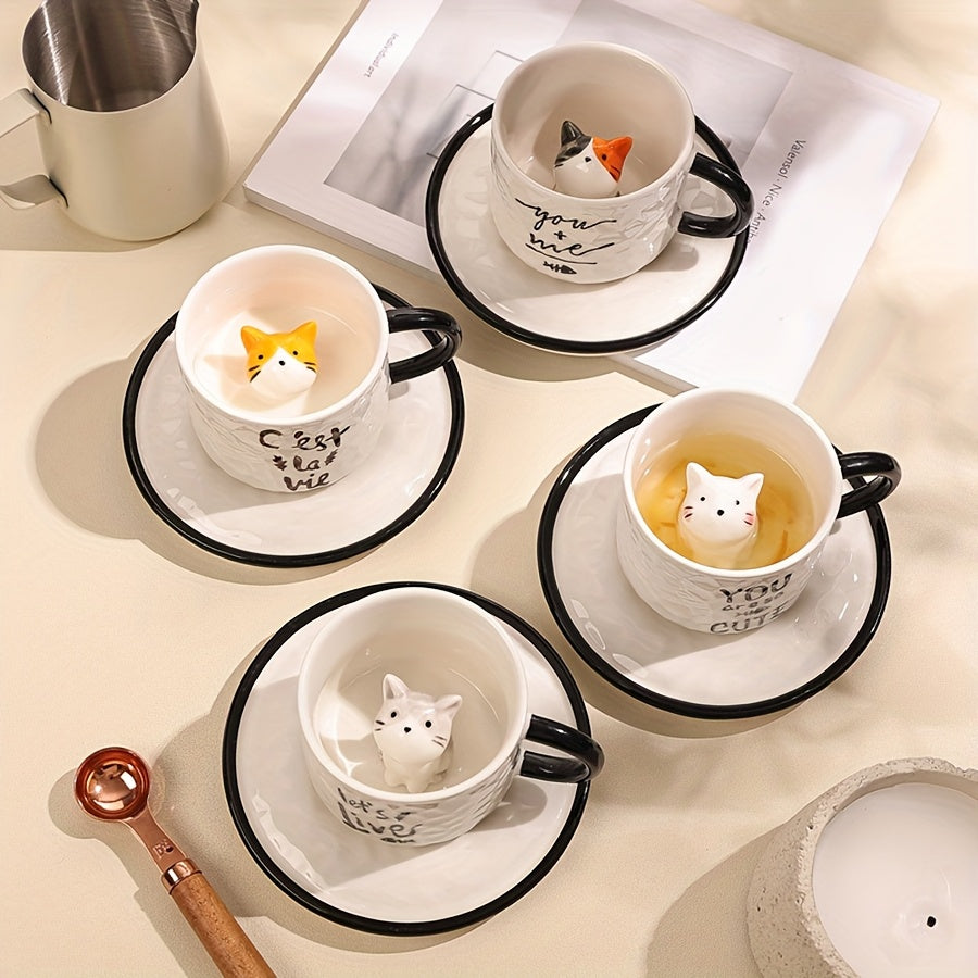 1pc 200ml / 6.7oz Japanese Cute Ceramic Hidden 3D Cat Cup & Saucer, Hand-Painted Under-Glaze Adorable Cat Cup, Breakfast Cup, Afternoon Tea Cup Set, Birthday & Holiday Gift for Cat Lovers