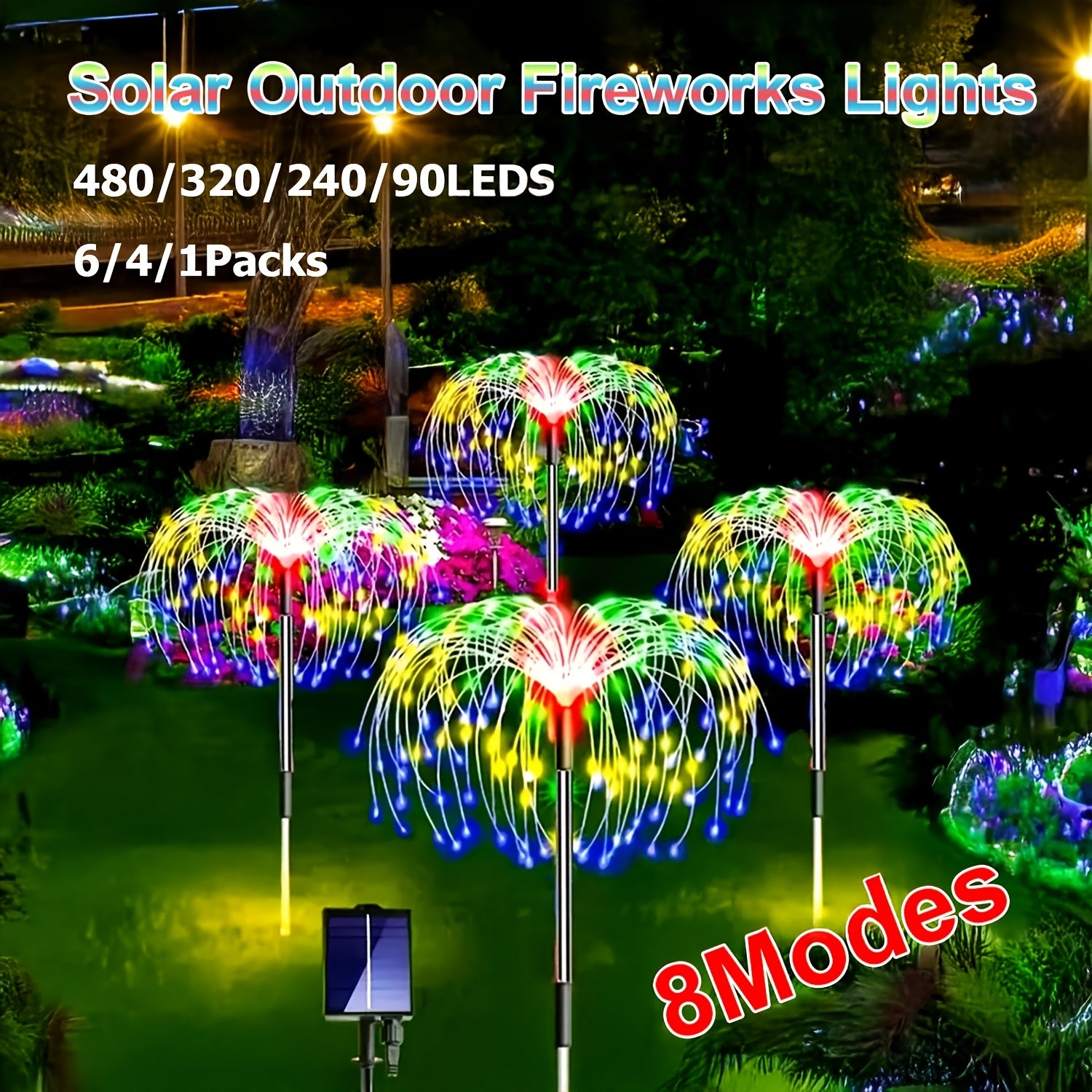 6包装-480LED，4包装320/240LED，1包装-90LED户外太阳能烟花灯，户外草坪灯，灯条，太阳能花园灯，IP44，8种模式，适用于庭院、露台、小路、露营景观、婚礼派对、复活节花园、情人节礼物