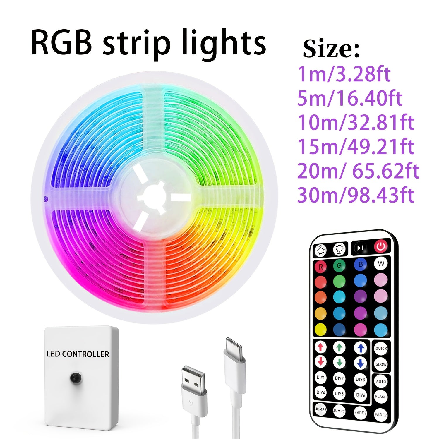 Type-C接口灯带，长度可选3.28到98.43英尺，具有RGB动态灯光和LED灯，配备44键遥控器和信号接收器，可更改模式，适用于天花板、卧室、酒吧、复活节庆祝活动