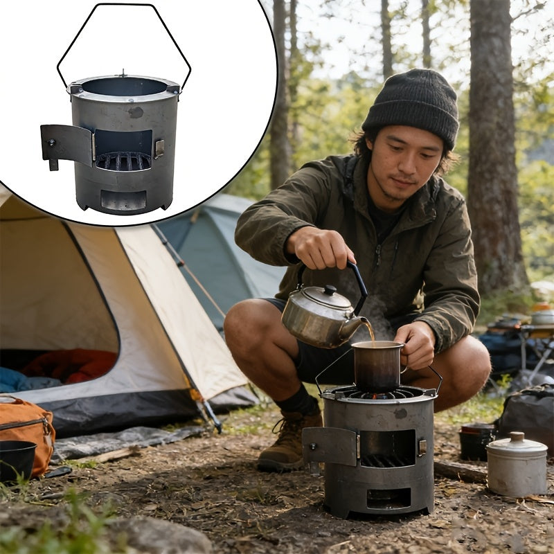 Portable Wood Stove (Charcoal Compatible) – Outdoor Cylindrical Grill with Firebox Opening & Sturdy Base, Heavy-Duty Oven, Perfect for Camping Gatherings, Can Steam