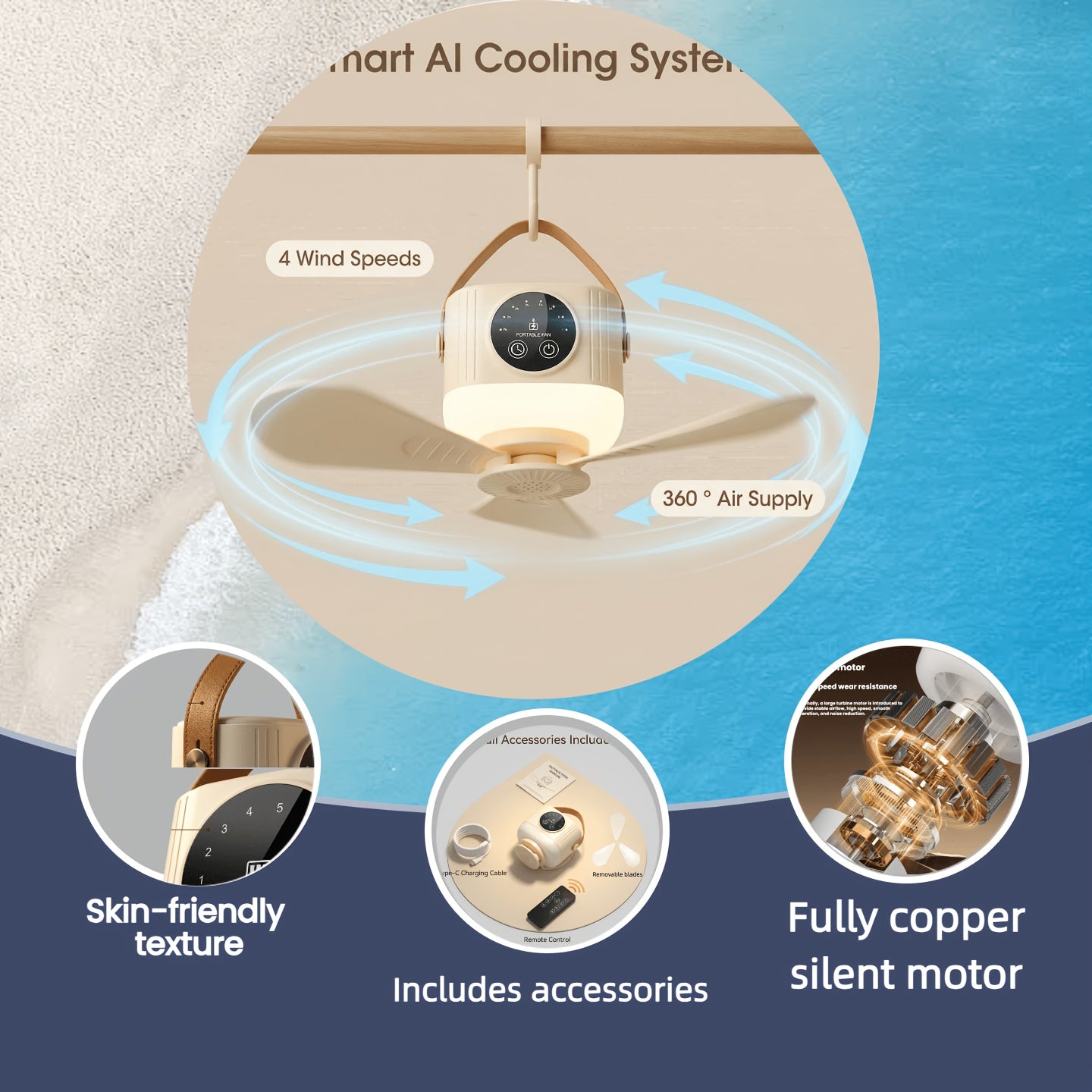 Portable Rechargeable Remote Control Small Hanging Fan with Light, Remote Operated, 4-Speed Adjustable, Quiet & Timer, 3-Level Night Light, Detachable Blades, Long-Lasting Battery, Safe for Outdoor Tents