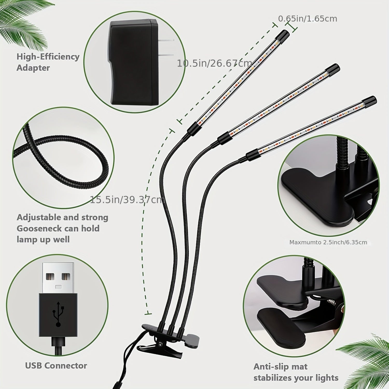 1/2/3/4-tube indoor plant LED grow light, 6000K full spectrum white light and red light, clip-on plant fill light, 5-level dimming, automatic timer switch (4, 8, 12 hours), USB powered, plant grow light