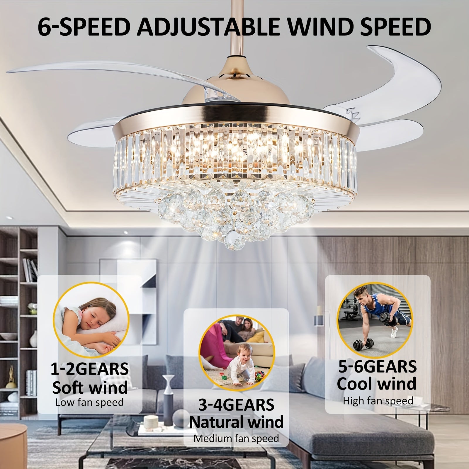 42 Inch Reversible Crystal Ceiling Fan with Light, Stepless Dimmable Modern Retractable Invisible Blades, 6 Speed Levels, Ceiling Fan Set for Living Room Bedroom (Gold)
