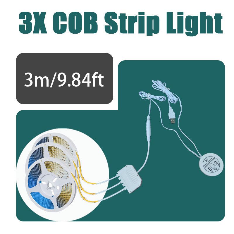 8mm 5V COB LED灯带，长度可选39.37英寸、78.74英寸或3米，配备USB接口、可调光触摸传感器和暖白光。这款无点可裁剪灯带非常适合用于厨房橱柜、衣柜、鞋架和卧室装饰