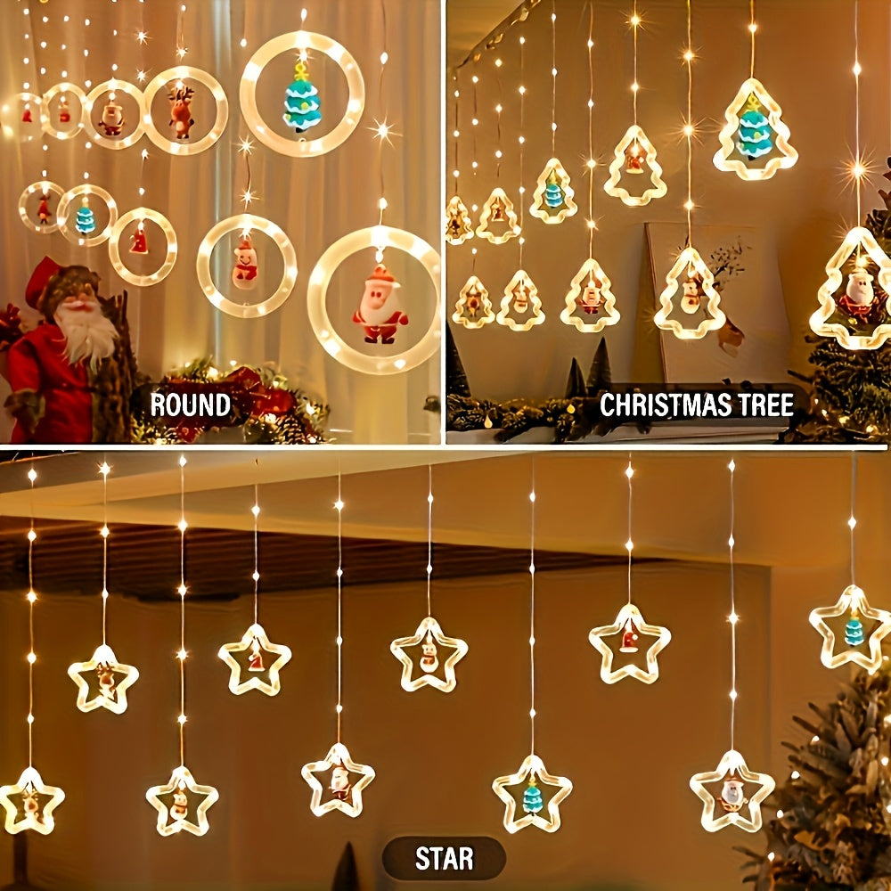 LED 窗帘灯，仿真星星 LED 灯串，带圣诞老人、雪人、麋鹿玩偶，USB 电源，带遥控器，可调光 8 种模式，适合圣诞节、卧室、新年礼物、派对婚礼使用