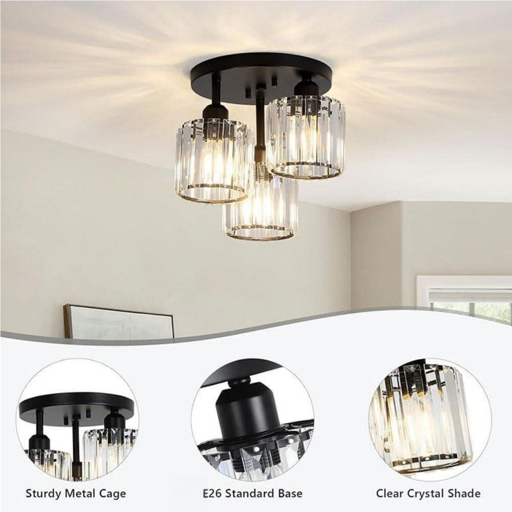 Modern Semi-Flush Mount Ceiling Light, Crystal 3-Head Kitchen Light, Hallway Pendant Light, Indoor Flush Mount Light, Suitable for Bedroom, Foyer, Entryway, Kitchen
