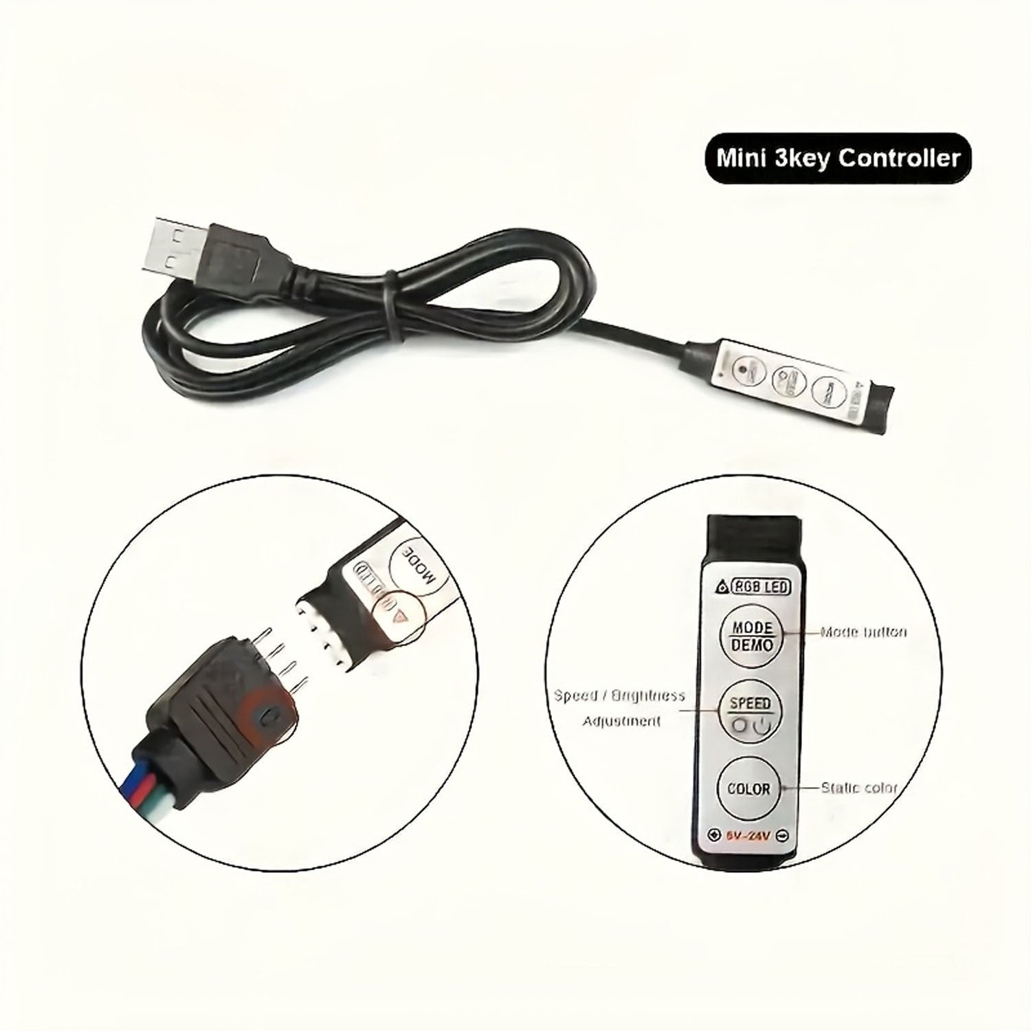 USB RGB LED灯带，配备三键遥控器，3535变色柔性灯带，可调亮度与多种模式，可裁剪式橱柜下照明灯，适用于客厅、舞蹈室及节日装饰