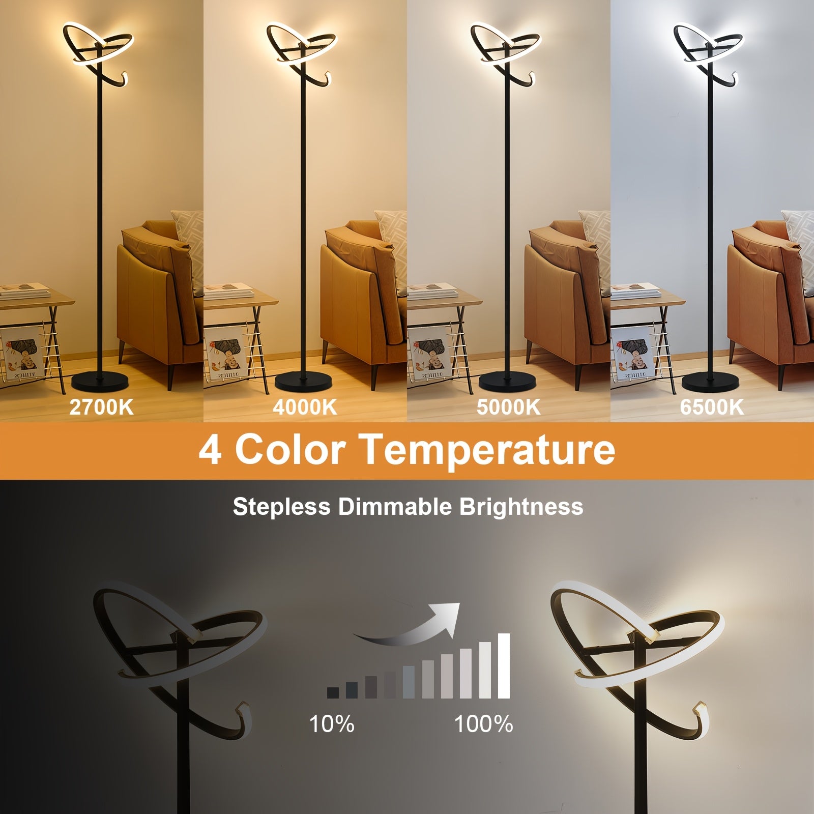 Modern rotatable floor lamp with remote control, dimmable black LED color-changing ambiance lighting, suitable for bedroom and living room, versatile shapes including heart shape, 48W LED floor lamp