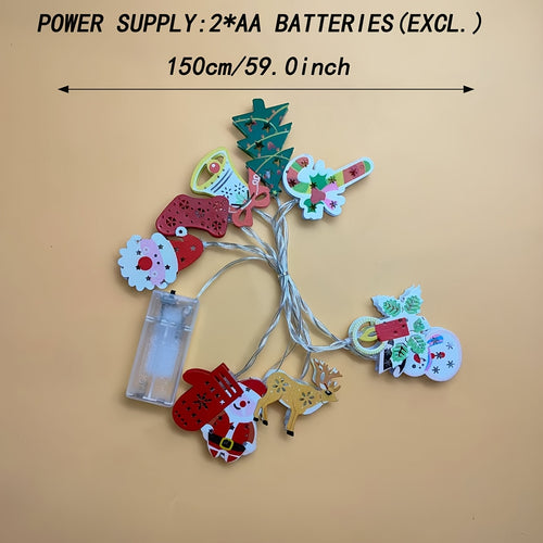 1PC LED铁艺圣诞灯串 - 10颗LED圣诞老人、雪人、圣诞树、铃铛等多款设计,电池供电（不含电池） - 完美适用于室内节日装饰、派对氛围与卧室装饰，打造温馨圣诞氛围装饰