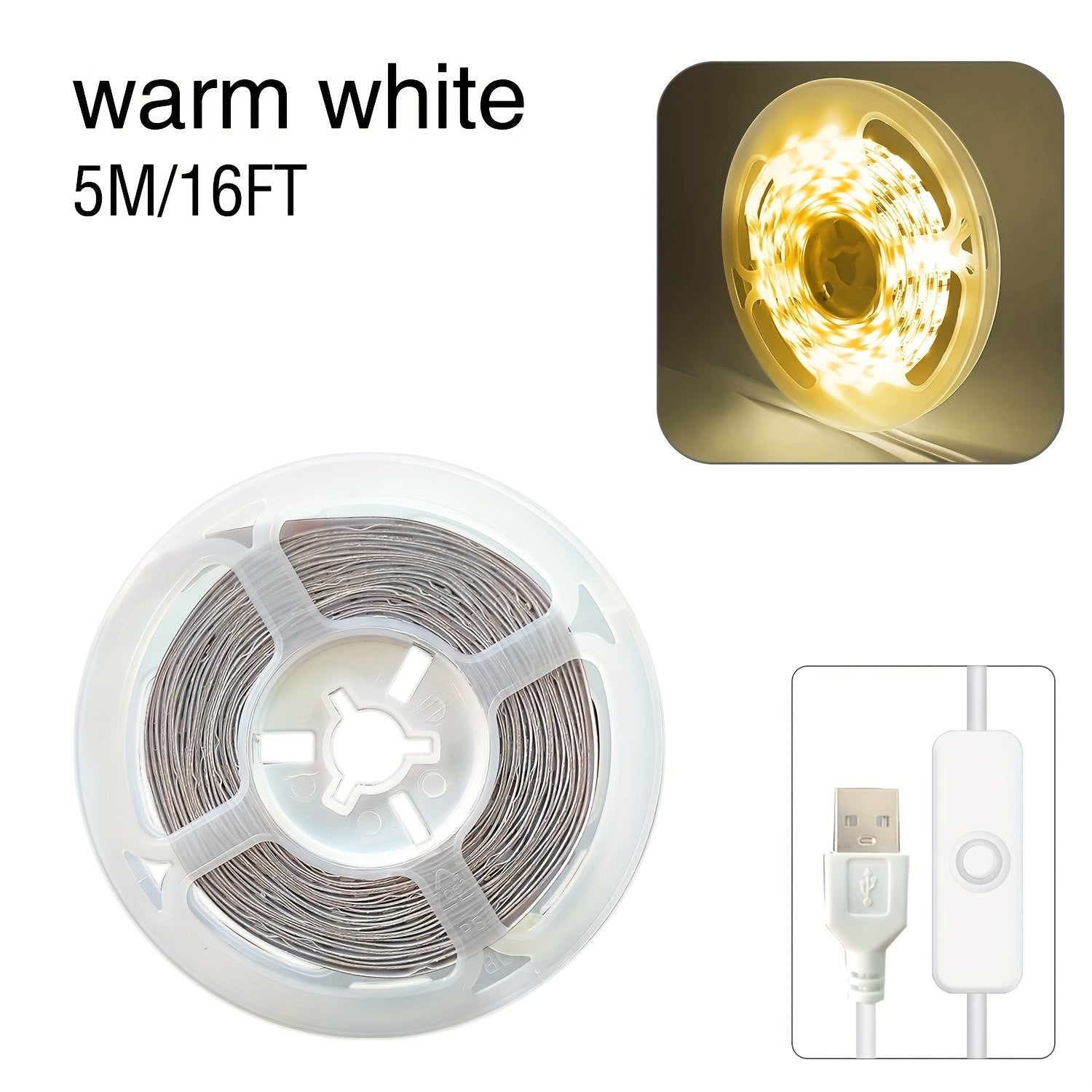 BJ-5VRGB 暖/白LED灯5V自带开关按钮， USB供电，高显色，灵活，可粘贴，可裁剪。卧室，衣柜，厨柜，家庭可DIY照明