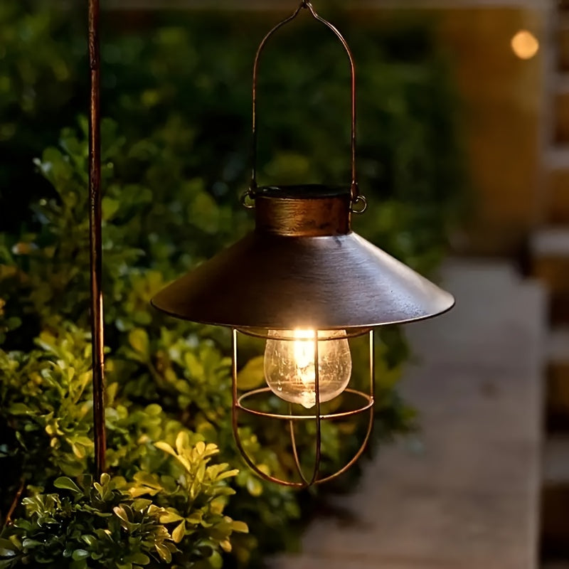 Solar portable hanging light, copper metal Edison warm light bulb, courtyard, patio, porch, pathway lighting, Halloween, Christmas holiday decorative gift, vintage outdoor decorative light
