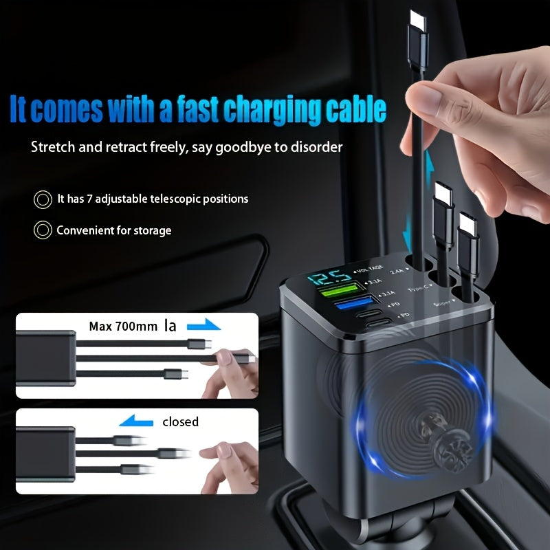 The 7-in-1 Car Fast Charger Adapter Comes With 3 Type-C Data Cables, Which Can Be Extended Freely And Rotate 180°. It Features LED Intelligent Display And Anti-tangling Design. It Is A Must-have For Vehicles.
