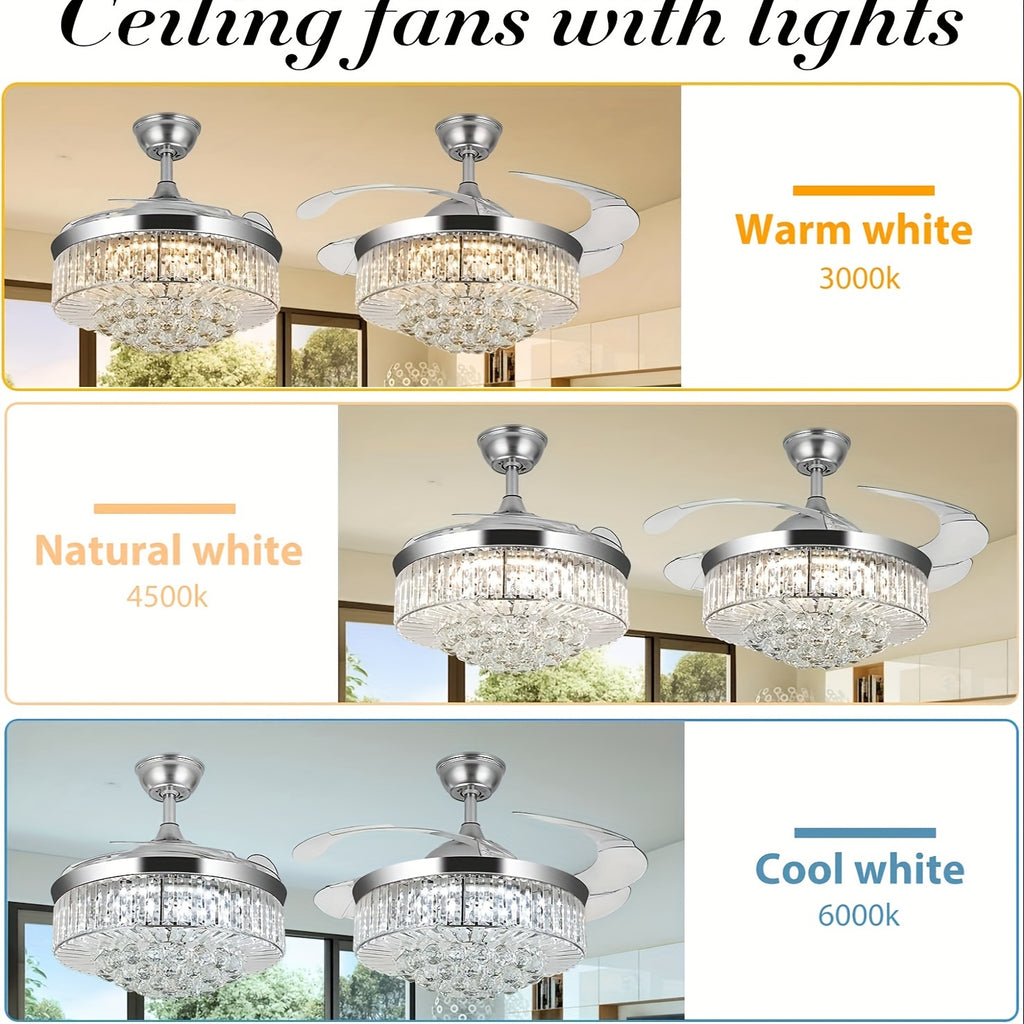 42 Inch Flush Mount Ceiling Fan with Light, Reversible Chandelier Design, for Bedroom and Living Room, 3 Color Options, 6 Speed Settings, Built-in Timer and Chandelier Function