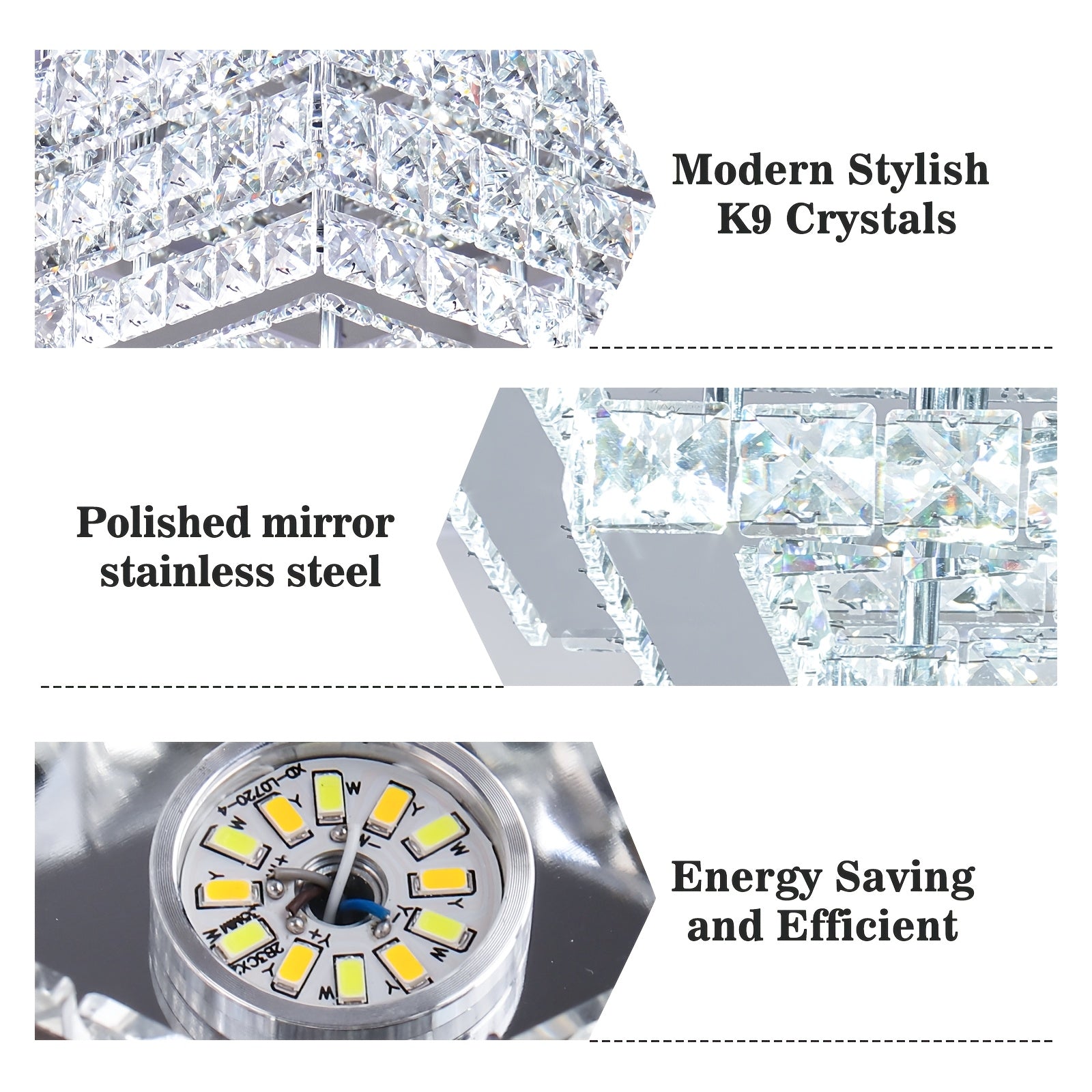 Modern Crystal LED Ceiling Light 20-Inch Rectangular Recessed Pendant Light Stainless Steel 3-Layer Ceiling Light Suitable for Living Room and Dining Room (6500K Cool White Light)
