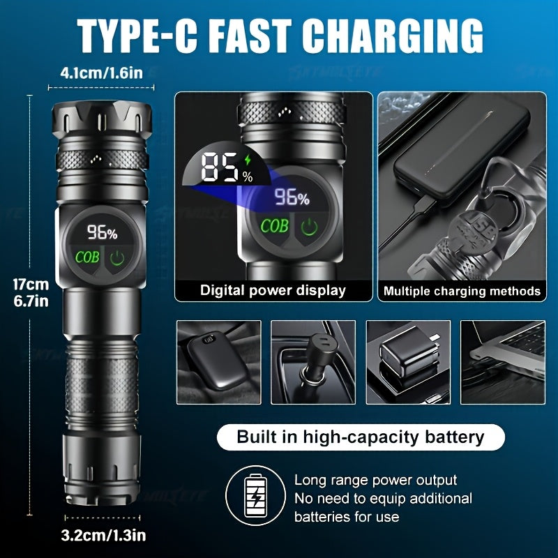 Super Bright USB Rechargeable LED Flashlight, Magnetic Base, 5 Lighting Modes, Digital Display, Type-C Fast Charging, Perfect for Outdoor Activities, Emergencies and Camping