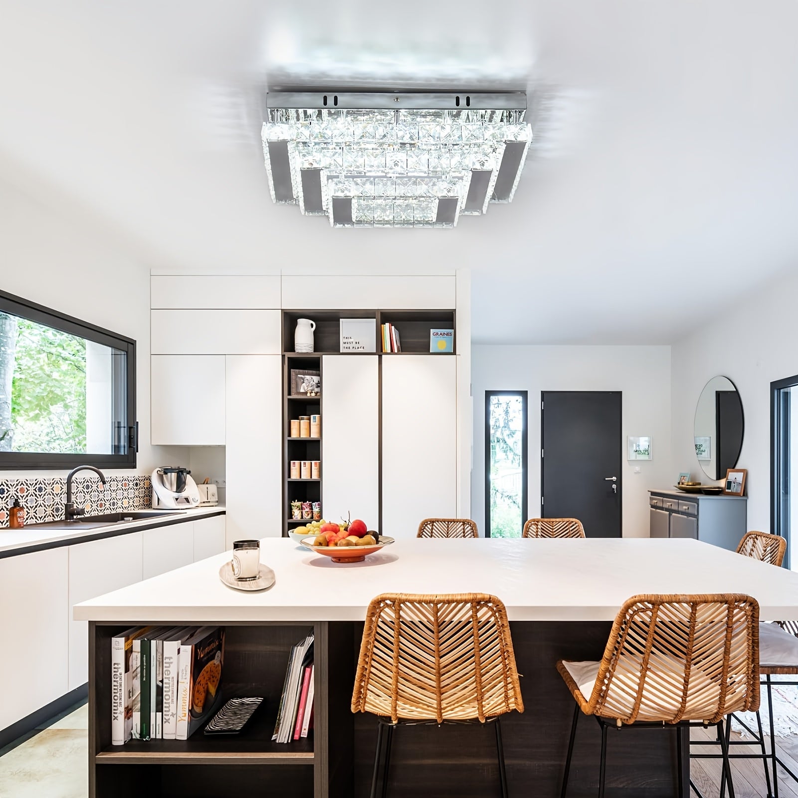 15-inch modern style pendant ceiling light, square crystal design, three-tier flush mount installation, suitable for living room and dining room (6500K cool white light)
