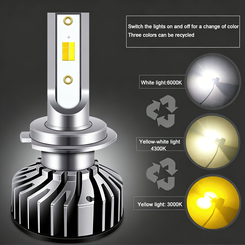 Tri-Color Car LED Headlight Kit, 2-Pack, H1 H4 H7 H11 9005 9012, 60000LM, Super Bright Fog Light Bulbs, Universal Compatibility, No Battery Included