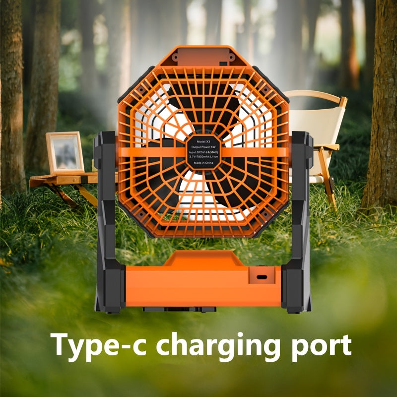 USB Rechargeable Outdoor Camping Fan, Large Capacity Battery, 5-25 Hours Ultra Long Endurance, Stepless Speed Regulation, 3 Levels LED Lighting, 270° Adjustable Angle, Desktop & Tent Hanging Dual Use, Portable High Power Charging Fan Ideal for Summer