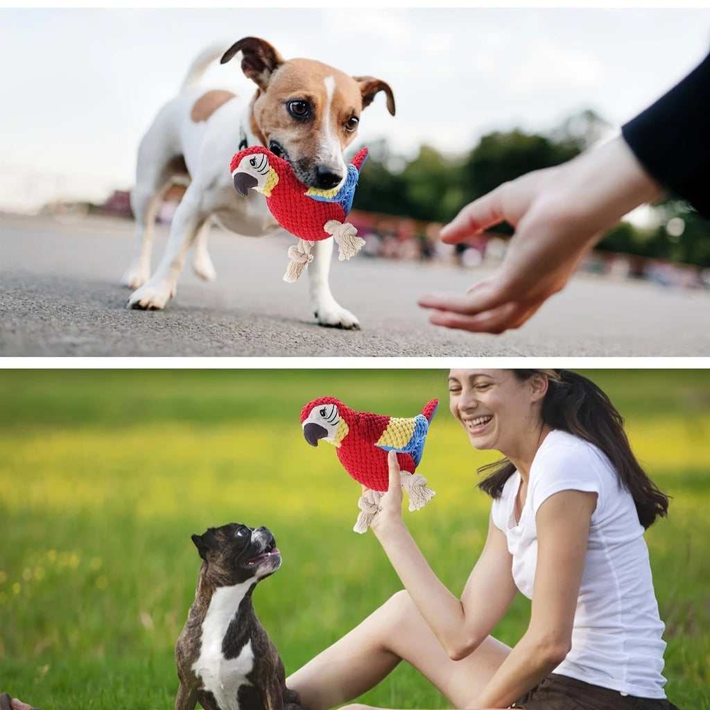 耐用型尖叫鹦鹉狗咬胶玩具，专为强力啃咬犬种设计 - 大号抗撕裂毛绒材质，内置互动音效，可洁齿除臭 - 适用于所有犬种