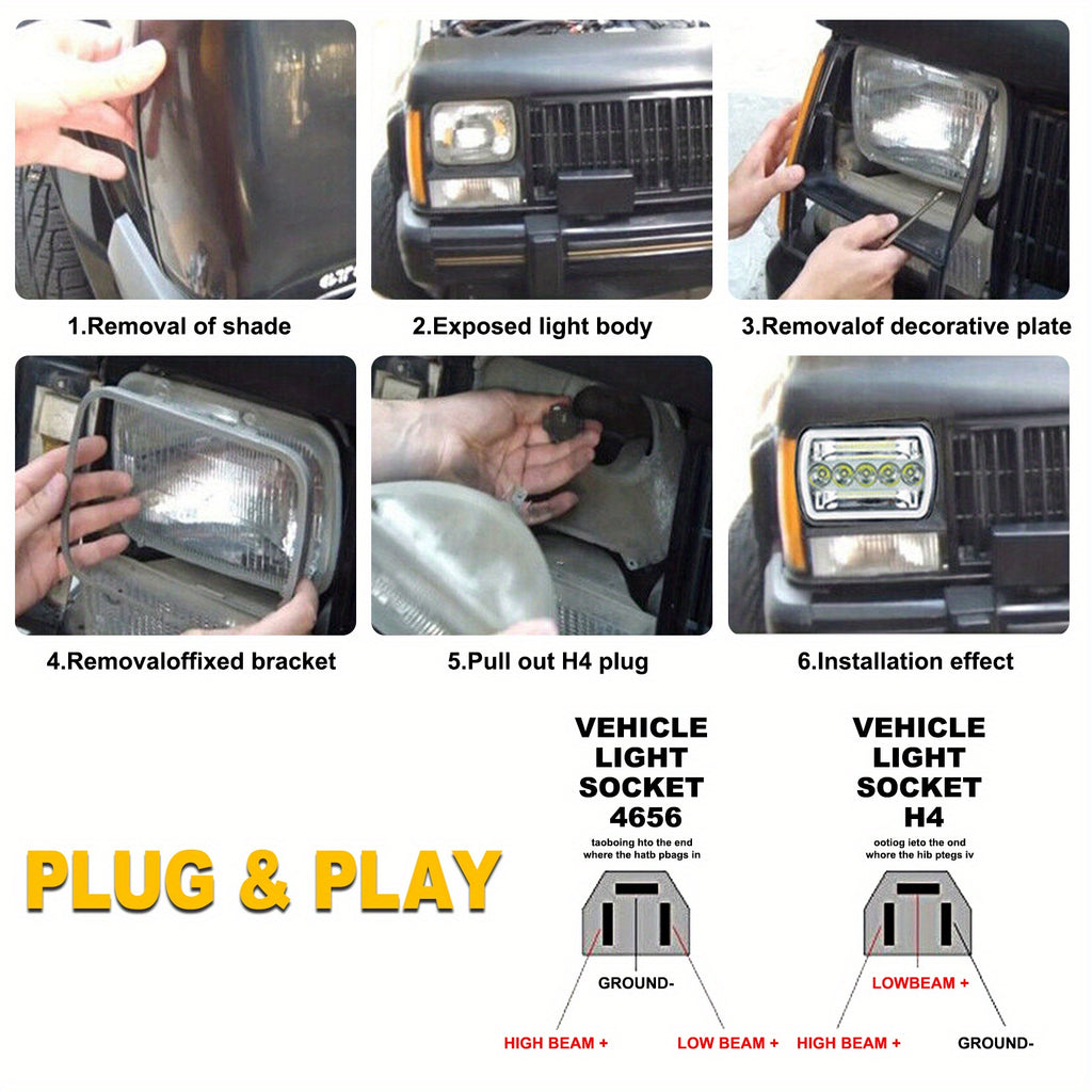 7-Inch Five-Eye Angel Eye Square Light (Pair) Four-Light Mode, 60W Headlight, Suitable for Most Vehicles with 7x6 Inch or 5x7 Inch Sealed Beam Headlights