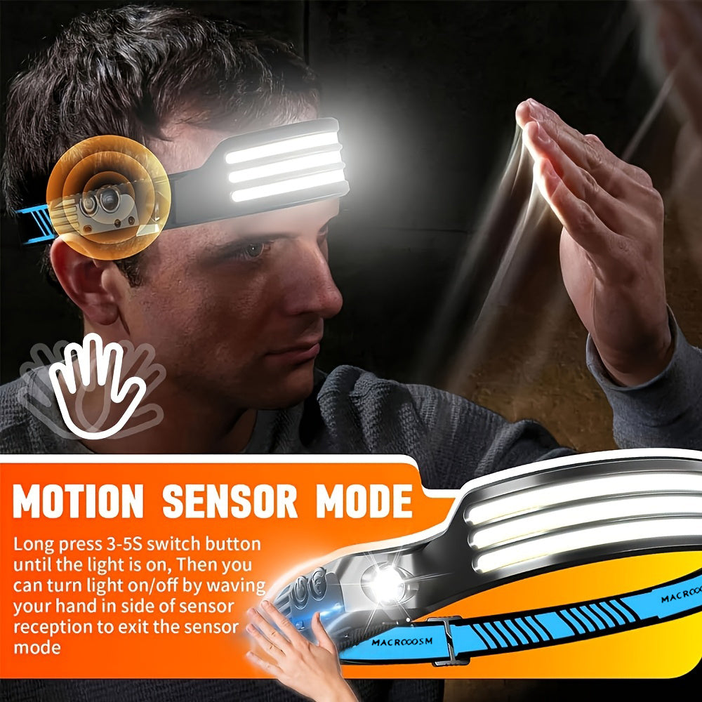 1Pc USB Rechargeable COB Headlamp, Motion Sensor Outdoor Head Light, 230° Wide Angle, 5 Lighting Modes Running Headlamp, Portable Lightweight Hands-Free Flashlight, Ideal for Camping, Hiking and Outdoor Activities
