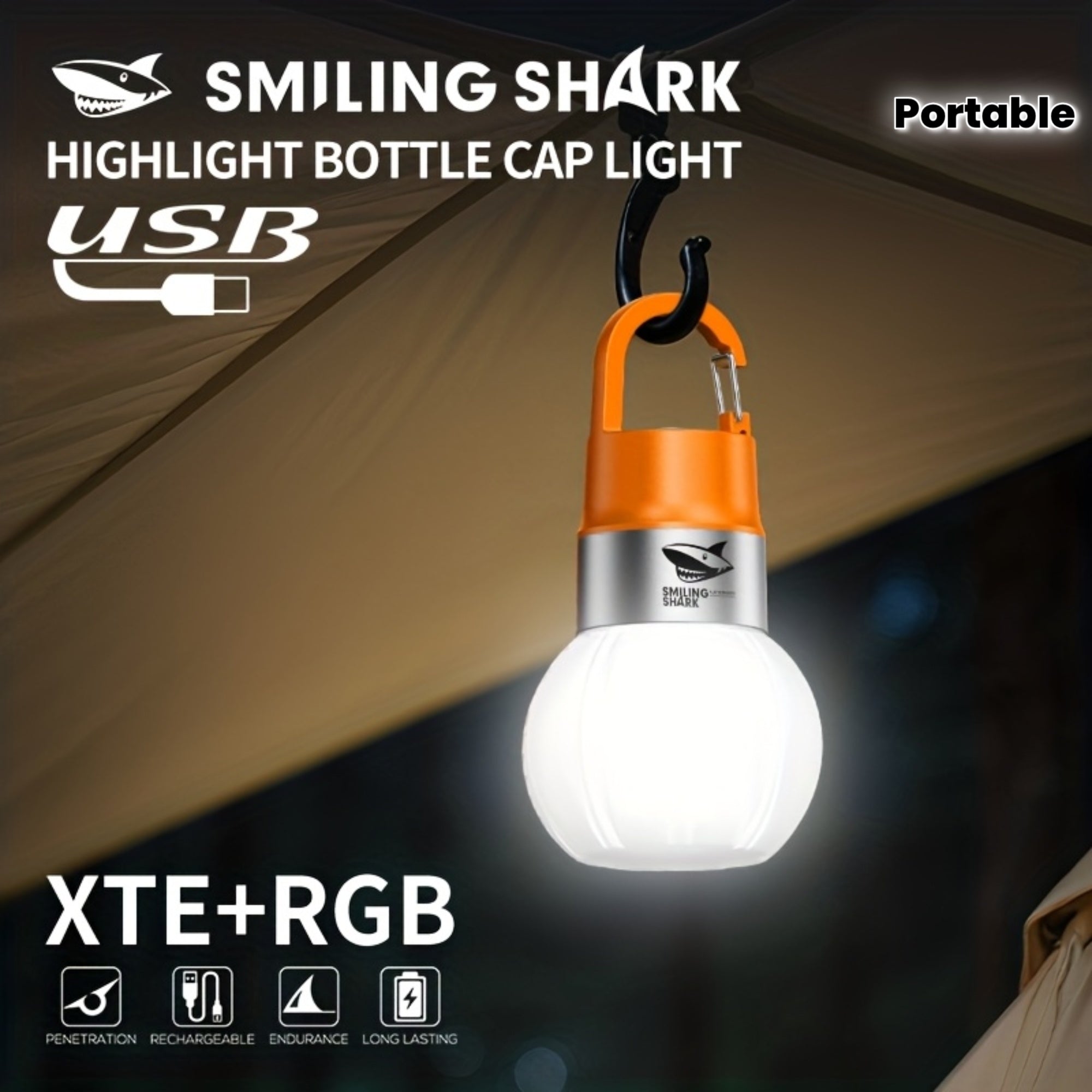 1Pc Portable Flashlight Camping Lantern, SMILING SHARK XTE+RGB Tent Light TIP171, 10 Modes Multi-Color Lamp, Type-C Rechargeable, Removable Lampshade, Hooked Bottle Cap Light, Portable for Outdoor Camping