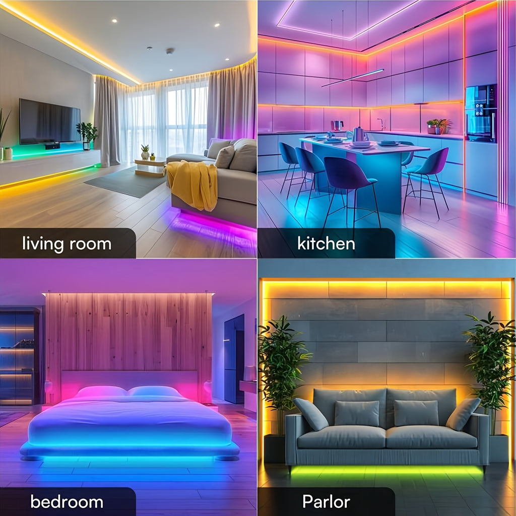 100英尺 RGB LED灯带，带App和遥控器，可同步音乐实现动态颜色变化，非常适合装饰卧室、厨房、派对