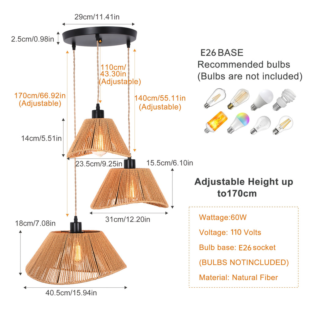 Ganeed rattan pendant light, 3-light boho style hanging lamp, ceiling mount, bohemian woven rattan chandelier, adjustable rattan pendant light, suitable for kitchen island, hallway