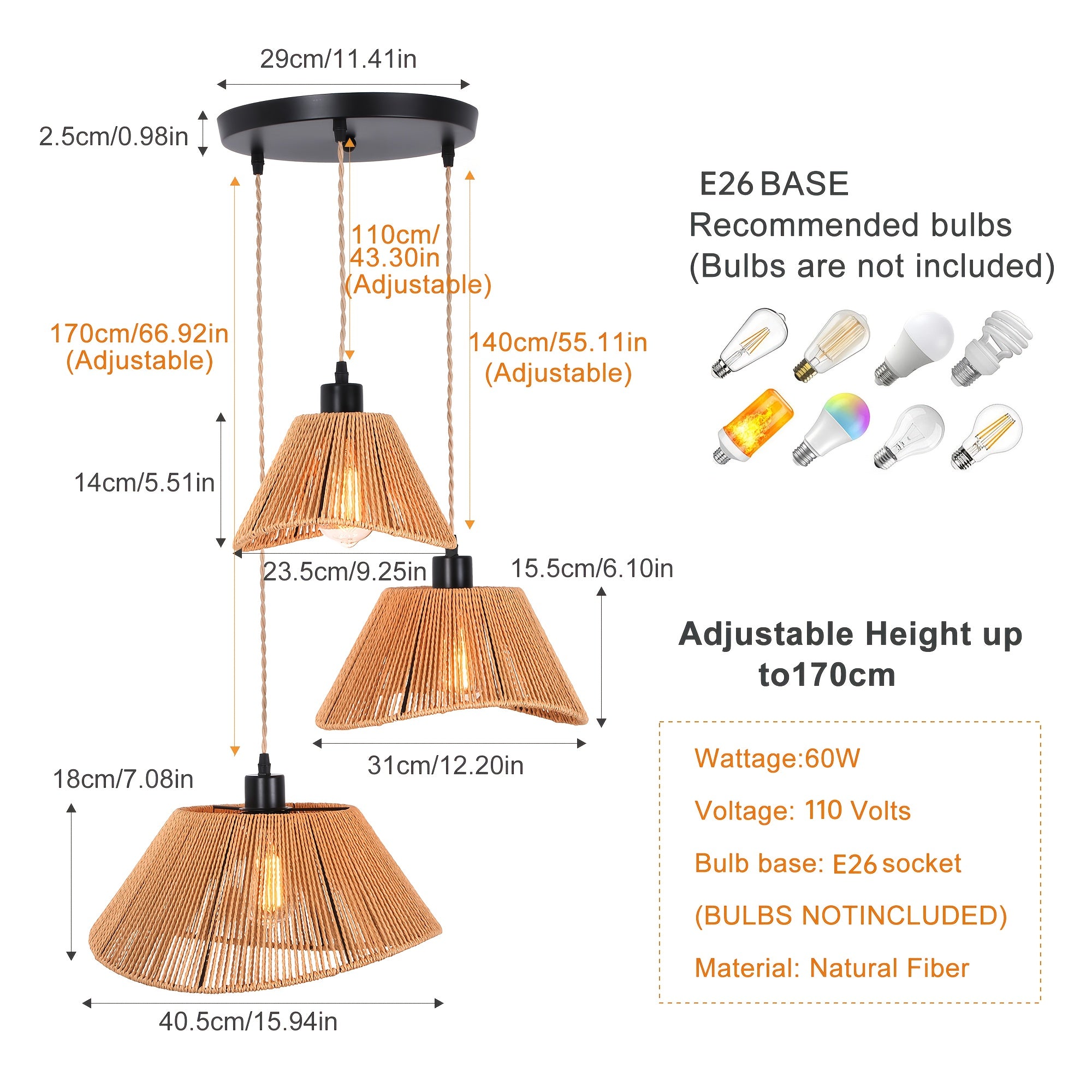 Ganeed rattan pendant light, 3-light boho style hanging lamp, ceiling mount, bohemian woven rattan chandelier, adjustable rattan pendant light, suitable for kitchen island, hallway