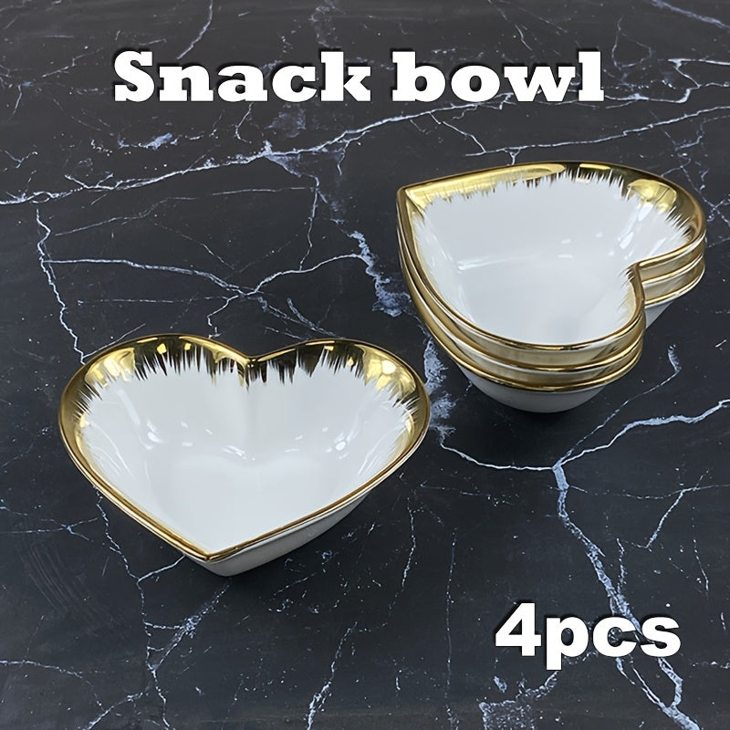 Set of 4, Ceramic Snack Bowls, High-End Electroplated Gold Small Appetizer Plates, 5-Inch Elegant Heart-Shaped Ceramic Bowls, Dessert Bowls, Table Bowl for Cereal, Fruit