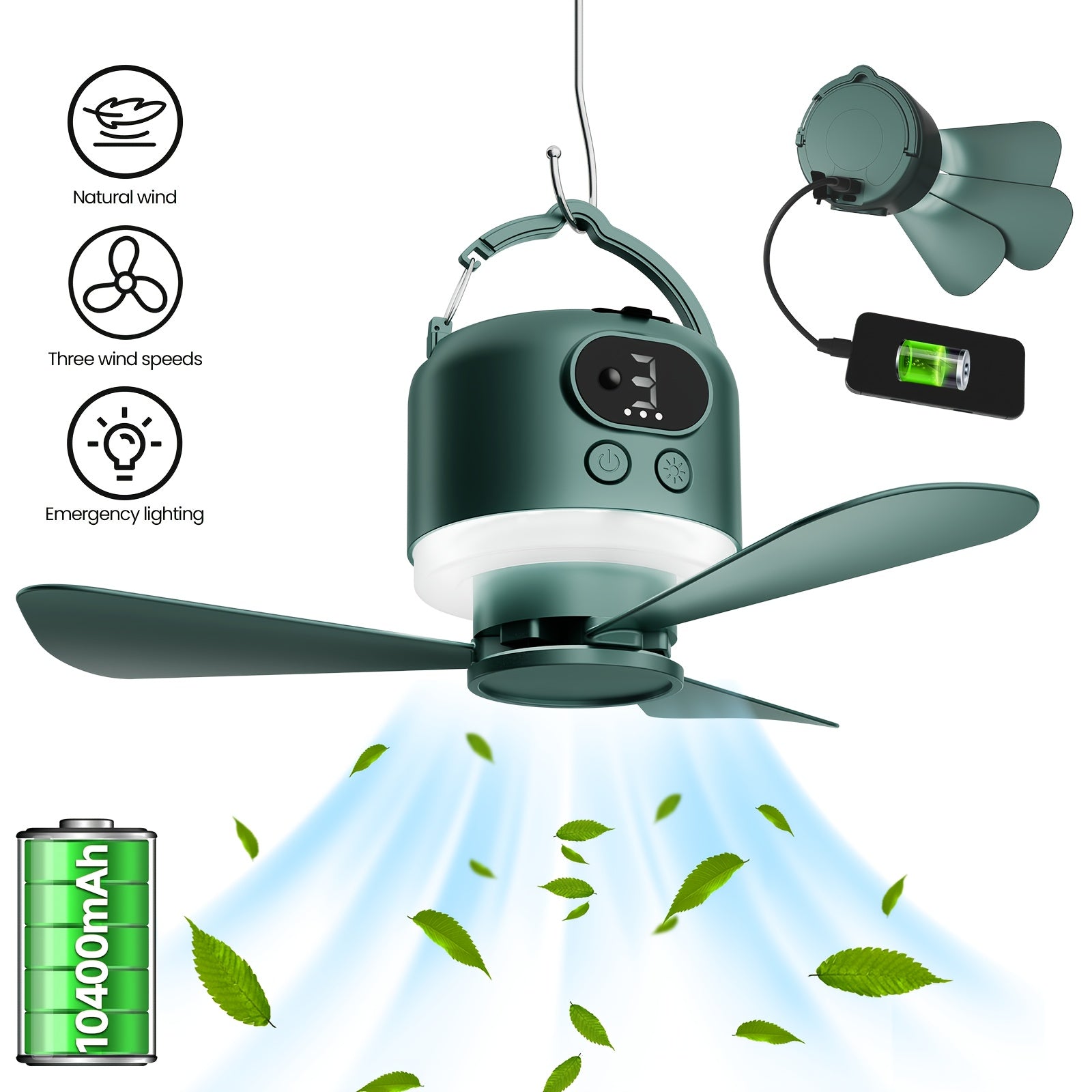 Portable USB Rechargeable Fan with LED Night Light - 10400mAh Battery, Powerful Wind with Remote Control, Ideal for Camping, Dorm, Outdoor Tent & RV Kitchen, Outdoor Cooling | Modern Fan Design | Multi-Function Gadget, Portable Fan
