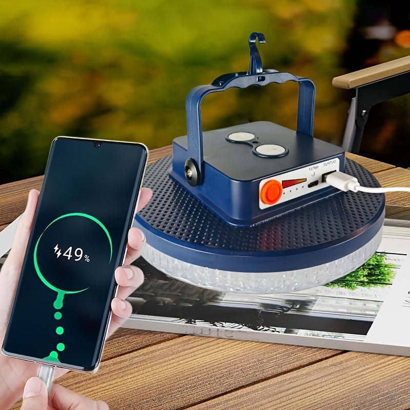 A rechargeable searchlight, camping portable floodlight, high-brightness crystal lampshade, removable power bank, three lighting modes, battery level indicator, with hook and magnetic suction