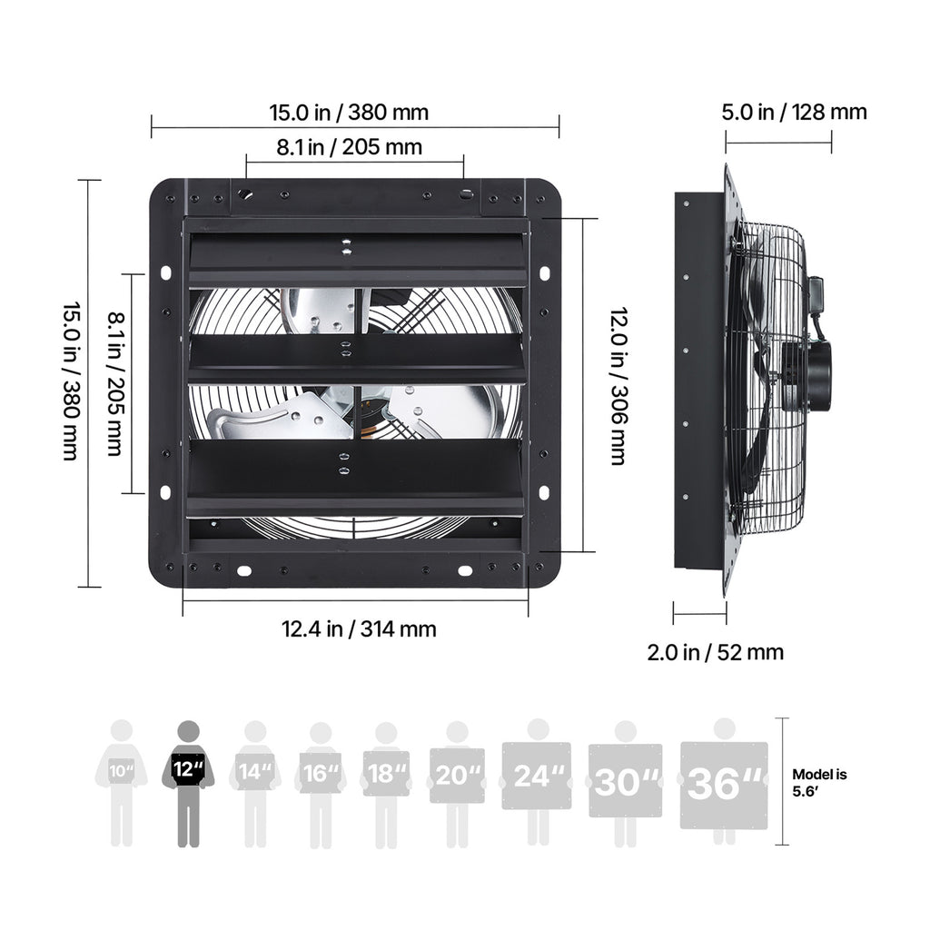 VEVOR 10/12/14/20/24 Inch Window Shutter Exhaust Fan, Wall Mounted Attic Vent Fan with Variable Speed Controller, AC Motor, Heavy Gauge Steel, Low Noise, Black, Ideal for Shed Garage Greenhouse Ventilation Cooling
