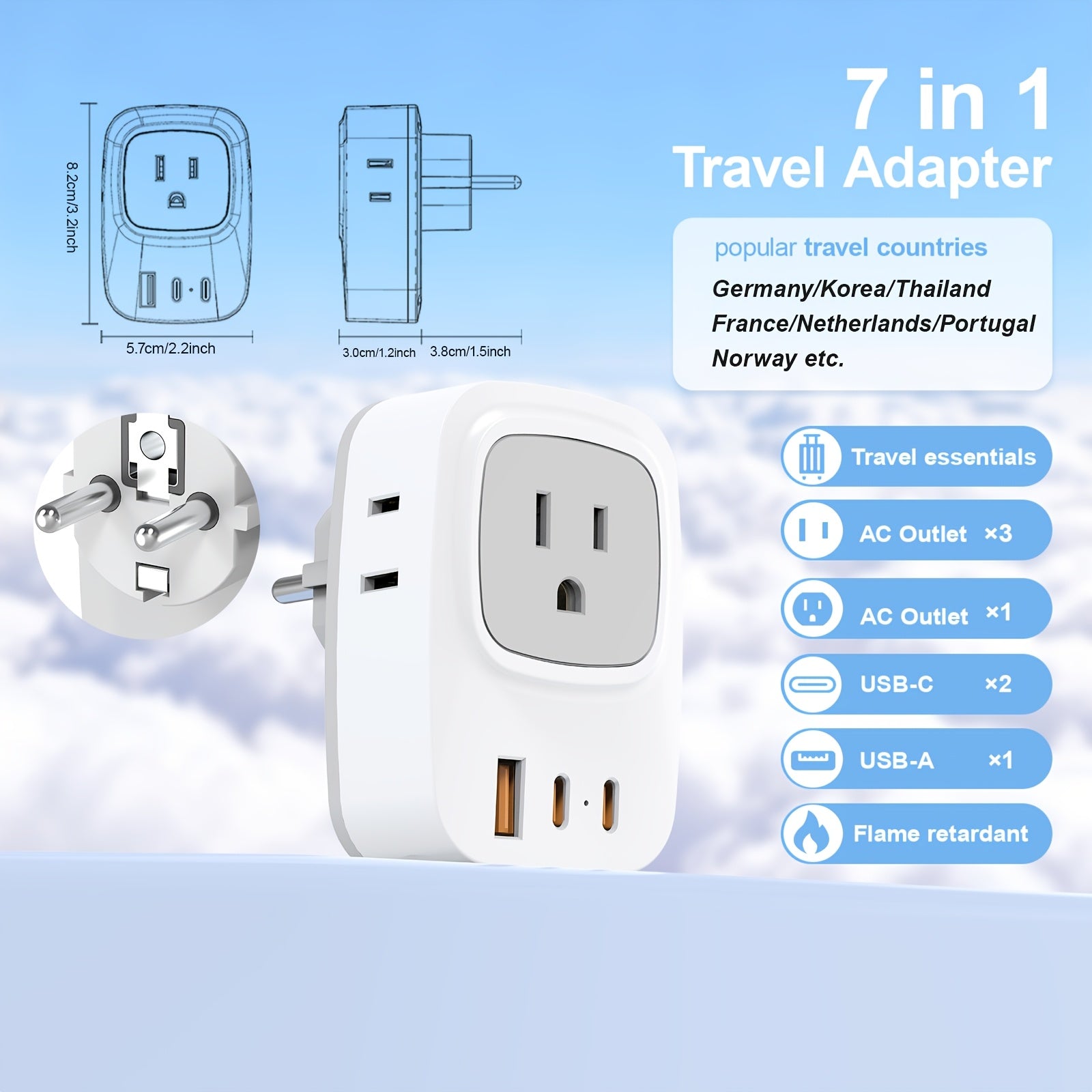European Travel Plug Adapter with USB Ports(1 USB C), International Plug Adapter with 4 AC Outlets And 3 USB Charging Ports, USB Total Output 5V/3.1A, Type C Power Adapter Charger, Suitable for Travel, US to Most Of Europe, EU Italy Iceland France