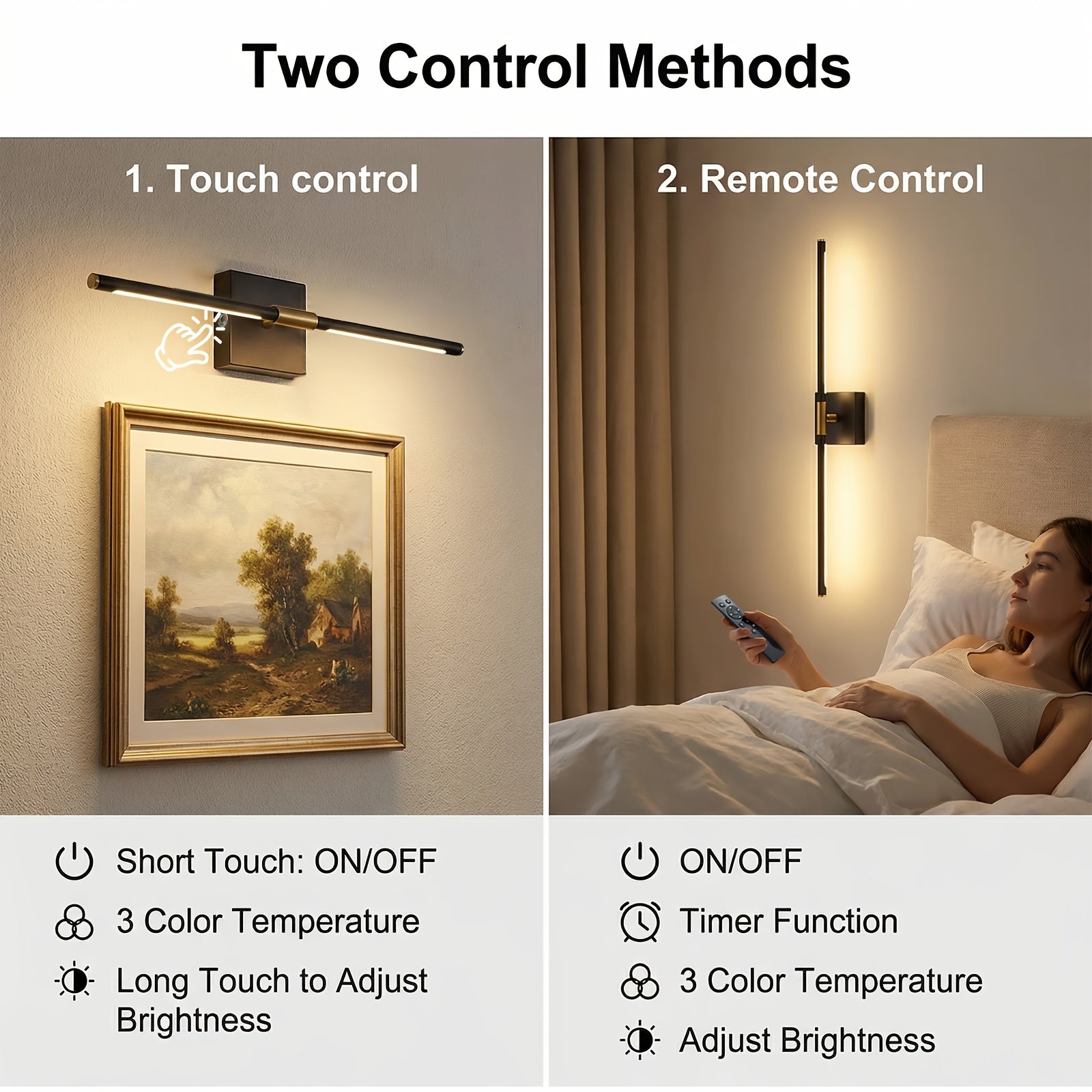 Battery Operated Wall Light Set, 2-Pack, Wireless Rechargeable Wall Light with Remote Control, 350° Rotation, 3000K/4000K/6500K Dimmable Battery Wall Light, Suitable for Living Room, Bedroom, 28.3 Inches