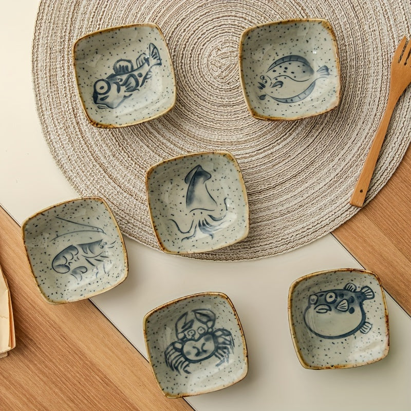 6pcs Cartoon Archaistic Square Ceramic Sauce Dish, Dip Dish, Soy Sauce Dish, Sushi Dish