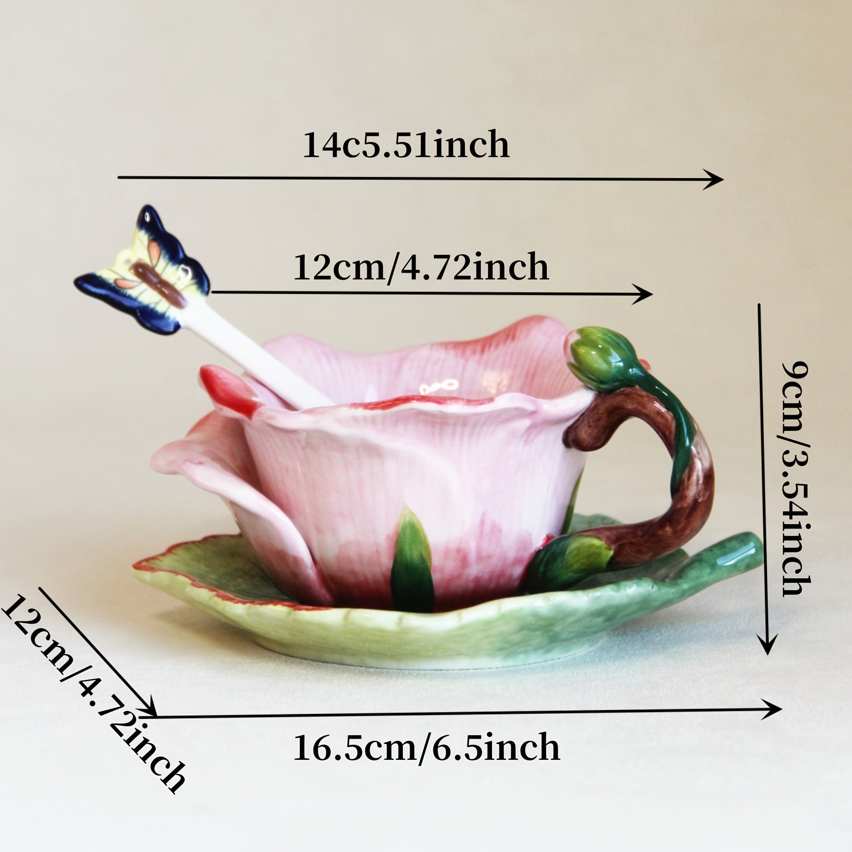 1SET Ceramic Hand-Painted Flower Cup & Saucer Set, 1PCS 3D Handmade Pink Rose & Tulip Tea Cup Coffee Cup, 1PCS Green Leaf Saucer, 1PCS Butterfly Spoon, Exquisite Table Décor, Gift for Christmas, Valentine’s Day, Mother’s Day (Capacity: 150ml / 5oz)