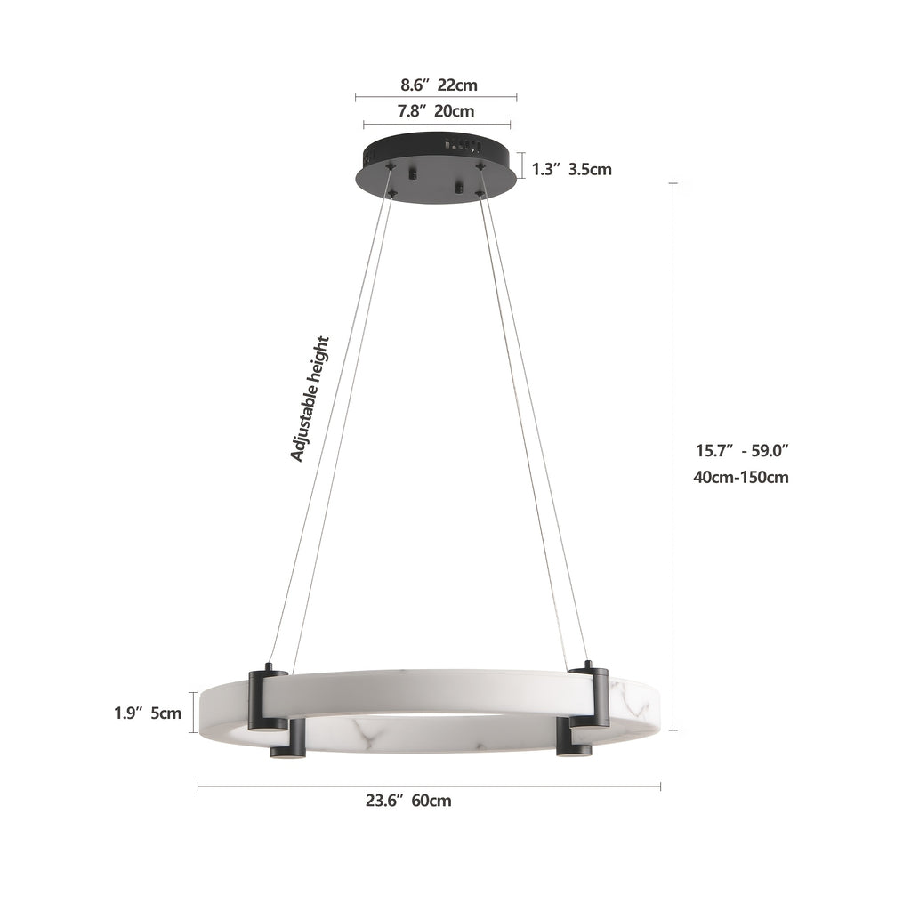 23.6-inch modern LED pendant light, round height-adjustable pendant light, warm light, faux marble finish resin ring ceiling light, suitable for dining room, kitchen island, living room