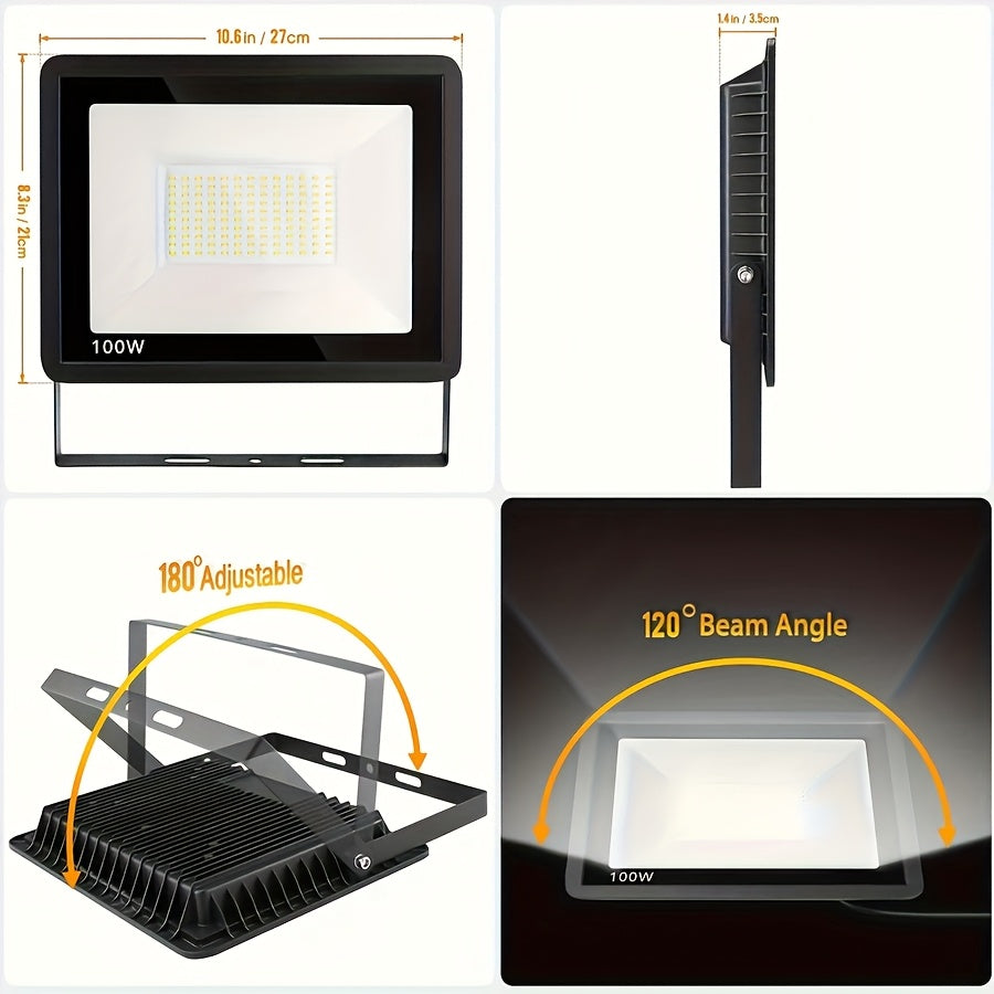 4-pack 100W LED floodlight waterproof outdoor safety lighting wall-mounted metal and glass external work light, with mounting hardware, compatible detachable cord connection luminaire