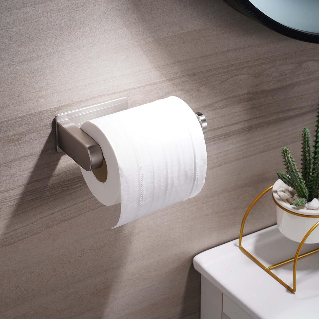 No-Drill Stainless Steel Toilet Paper Holder - Self-Adhesive Freestanding Paper Roll Holder for Bathroom & Kitchen, Brushed Finish, Rustproof Design, Easy Install, Modern Minimalist, Smooth Metal Surface