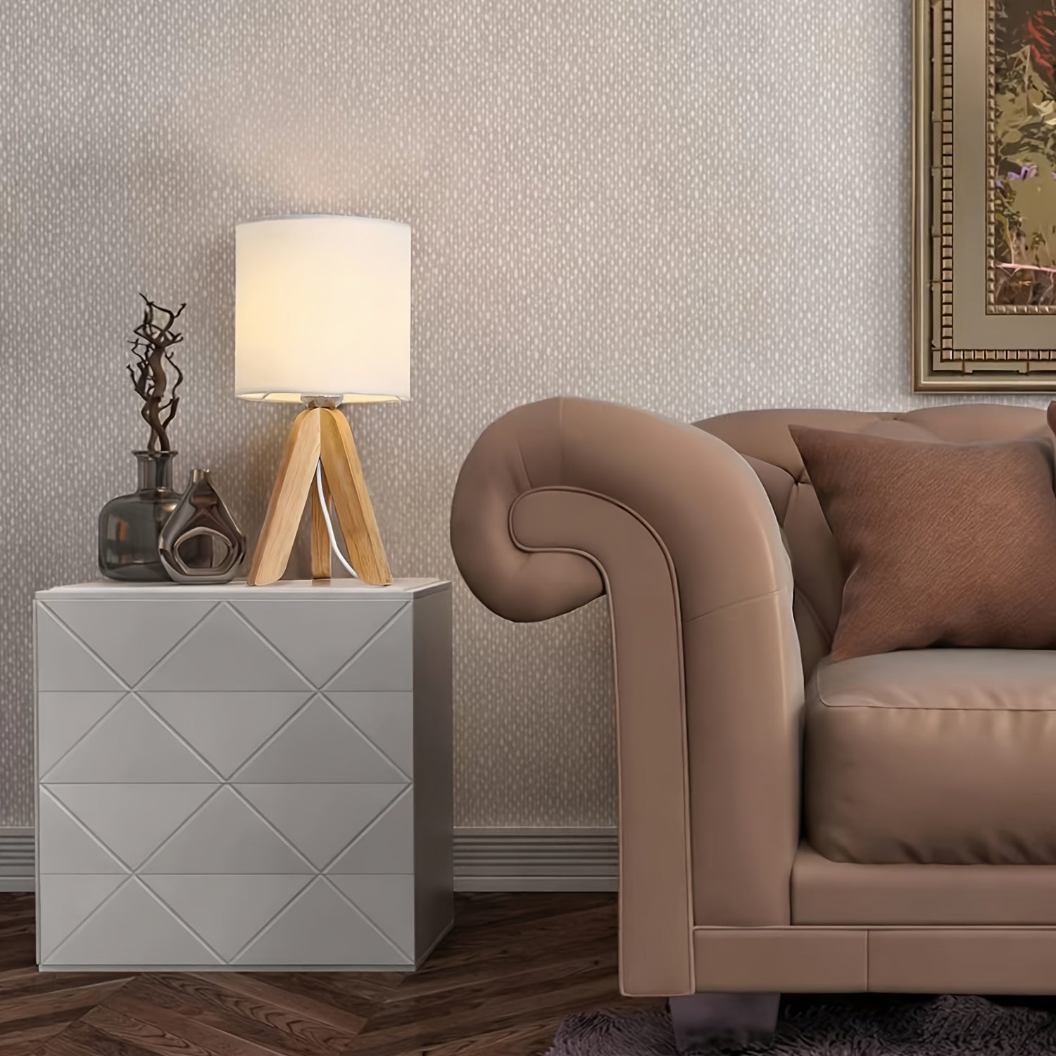 Wooden tripod table lamp, small table lamp with linen lampshade, bedside table lamp for bedroom, office, dormitory, USB powered, bulb included