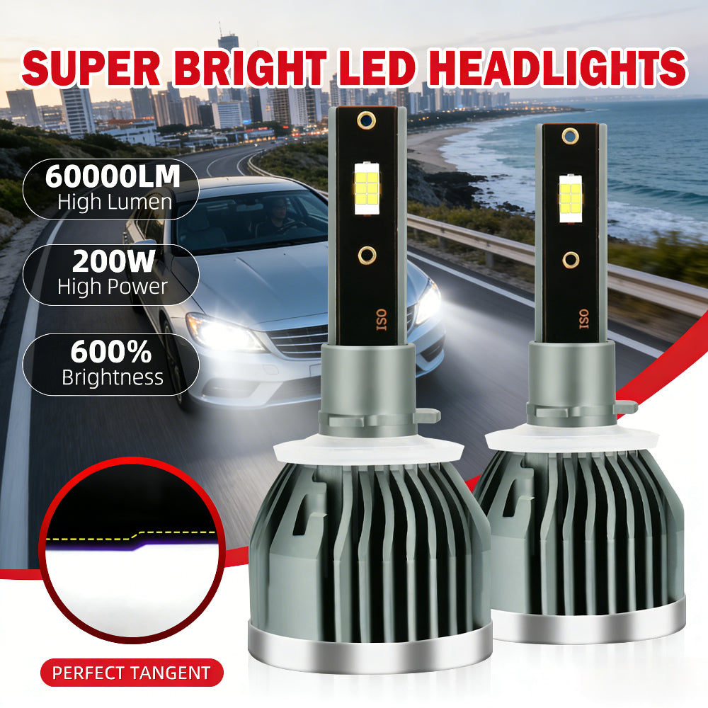-Pack LED Headlights 60000 Lumens High Brightness 200W High Power 600% Brightness Increase 6000K White Light Output Equipped with High-Efficiency Turbo Fan Cooling Design Fits Most Car Models Plug-and-Play