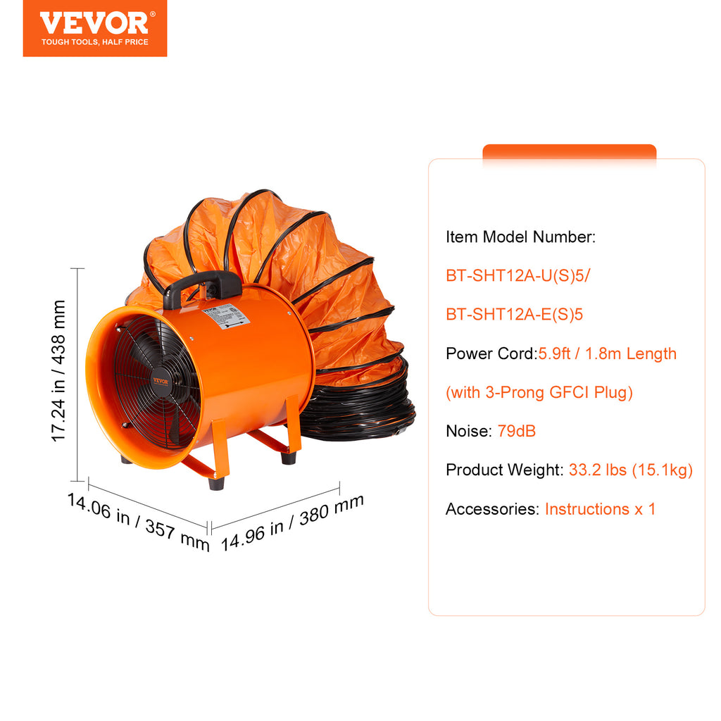 VEVOR Portable Ventilator, 12 Inch Heavy Duty Cylinder Fan with 16.4ft/33ft Duct Hose, 585W High Power Exhaust Fan, 3198CFM Industrial Smoke Dust Blower for Home Workplace Dust and Smoke Exhaust