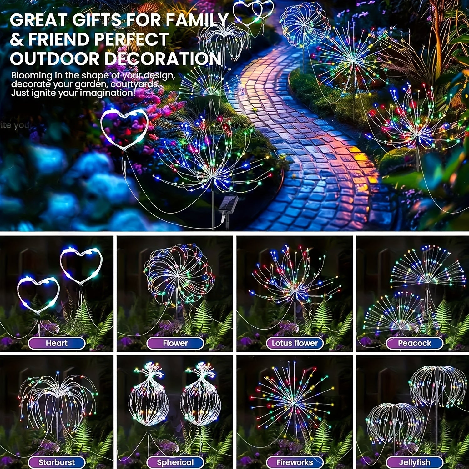 6包装-480LED，4包装320/240LED，1包装-90LED户外太阳能烟花灯，户外草坪灯，灯条，太阳能花园灯，IP44，8种模式，适用于庭院、露台、小路、露营景观、婚礼派对、复活节花园、情人节礼物