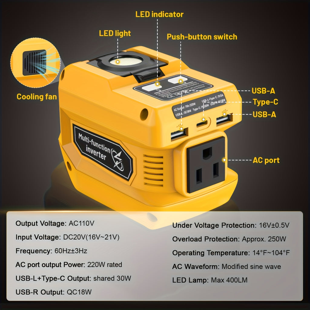 与得伟18V/20V电池兼容的电源逆变器，直流20V转交流110V便携式发电站，配备2个USB接口、1个Type-C接口及1个交流插座，400流明照明灯（不含电池）