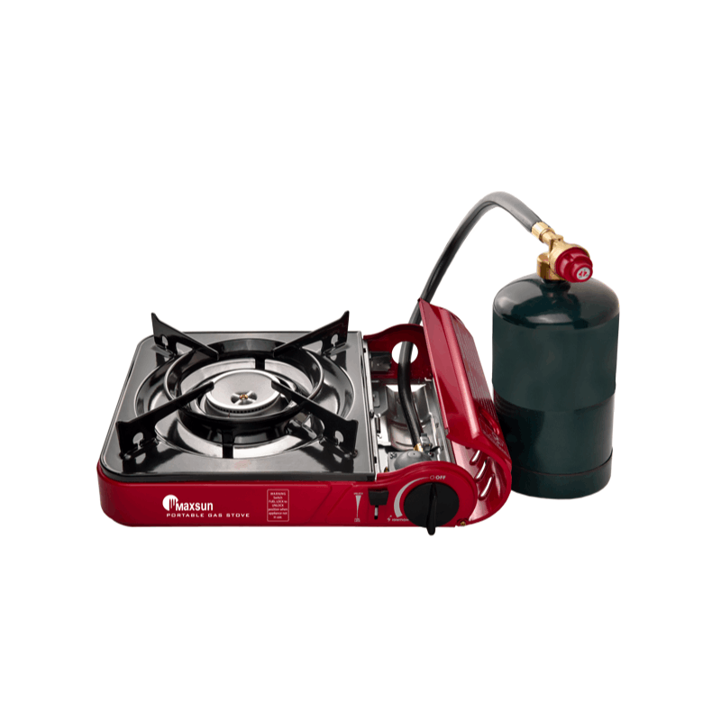 Butane or Propane Dual-Fuel Portable Gas Stove MS-3800LPG (Red), Maximum Power 9,560 BTU, Camping Cooker with Carrying Case