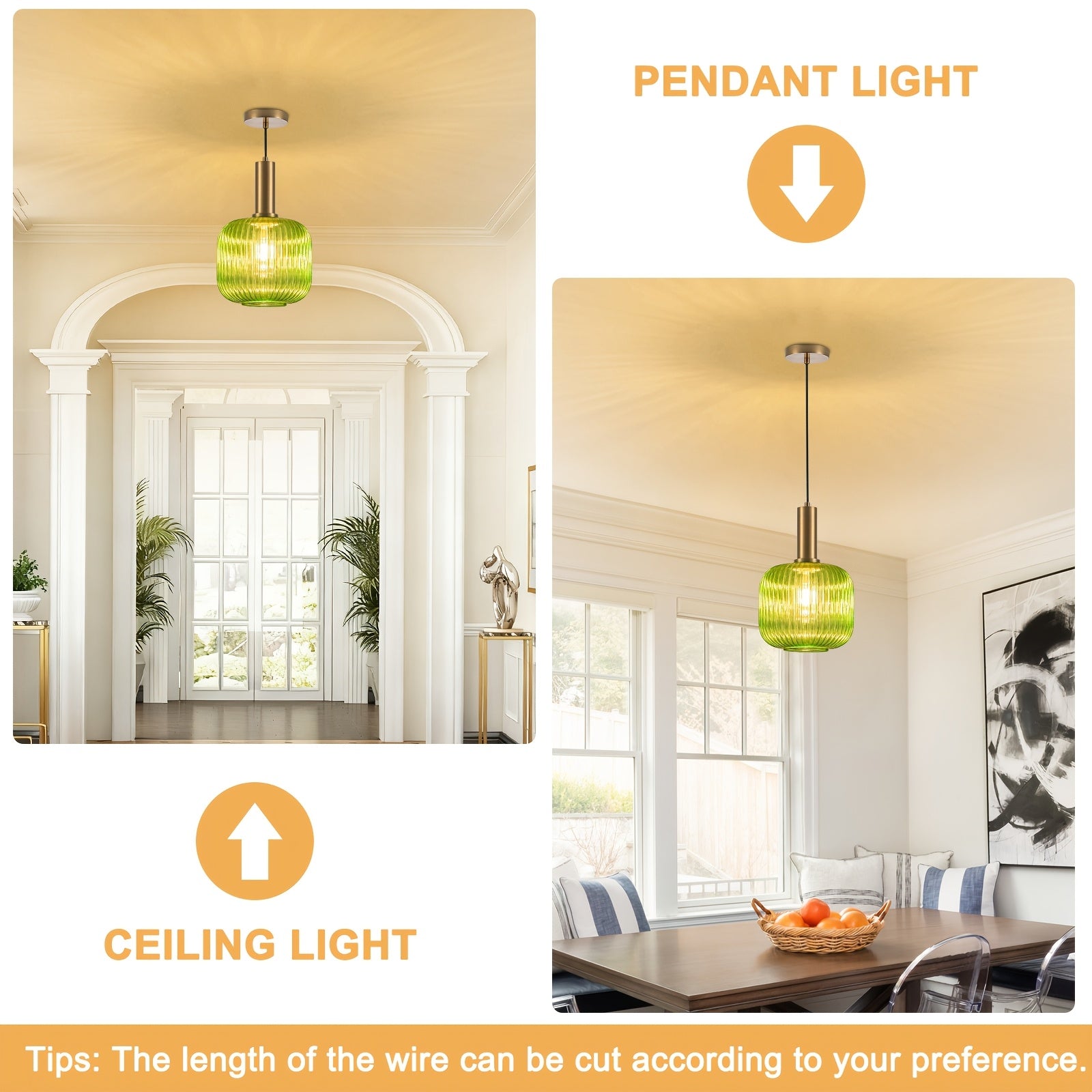 Single-Pack Amber Pendant Light, Compatible with E26 Screw-in 3-Color Bulb, Metal Base Glass Shade Height-Adjustable Ceiling Light, Vintage Kitchen Island Pendant Light Two Colors Optional, for Room Lighting, Hotel Decoration