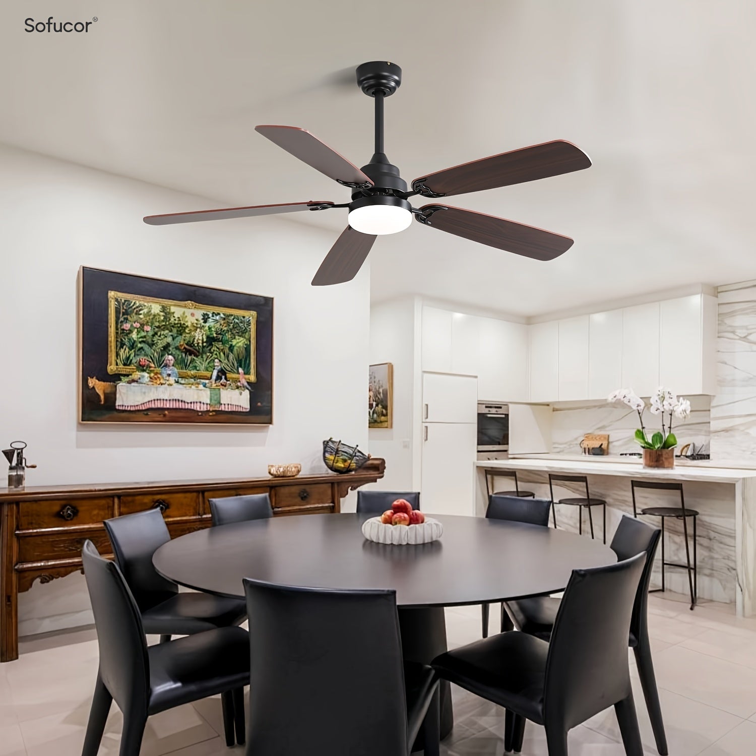 Sofucor 52" Ceiling Fan with Light & Remote, 6 Speeds, 3-Color LED, Timing, Low Profile, Noiseless Reversible DC Motor, for Bedroom, Living Room, Patio (3 Downrods Included)