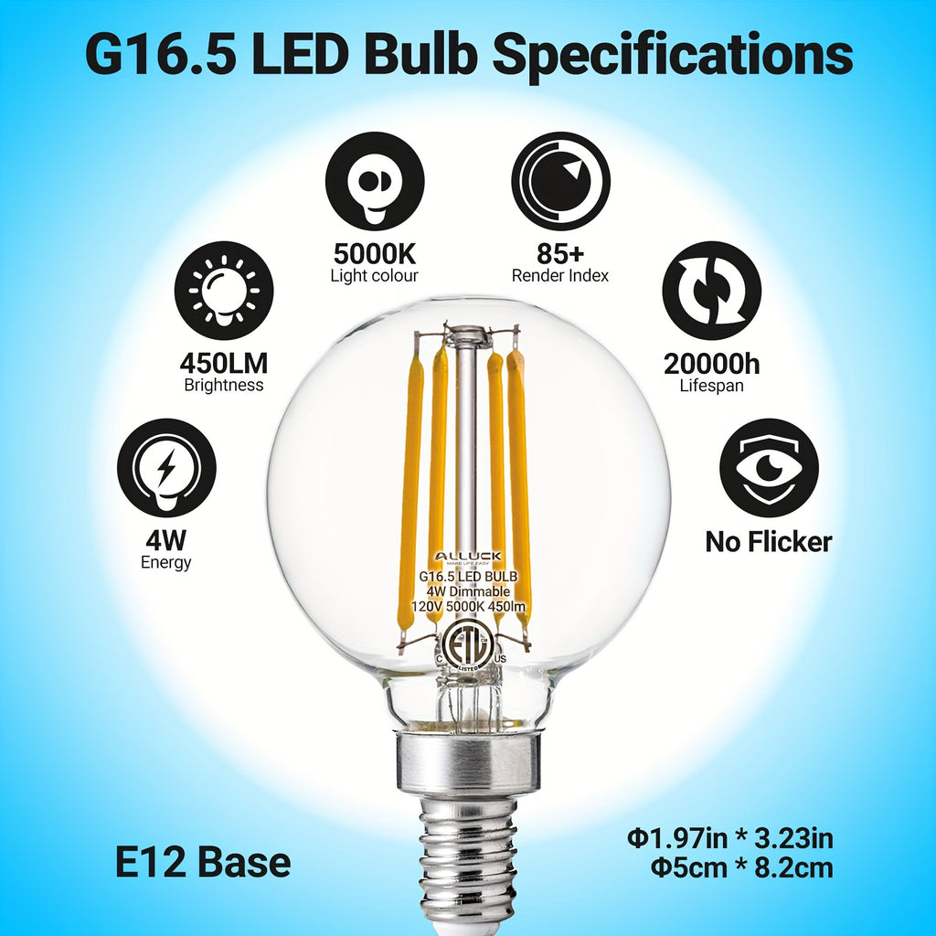 6-pack, G16.5 candelabra globe bulb, 4 watt 120V LED bulb, 450 lumens, 2700K warm white, 5000K cool white, E12 base Edison G50 LED bulb, G50 globe bulb suitable for chandeliers, vanity lights and pendant lights